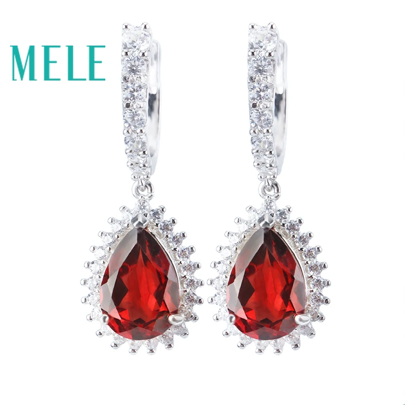 MELE Natural red garnet sterling silver 925 earring for women, pears chape,Trendy and fashion jewelry with top quality