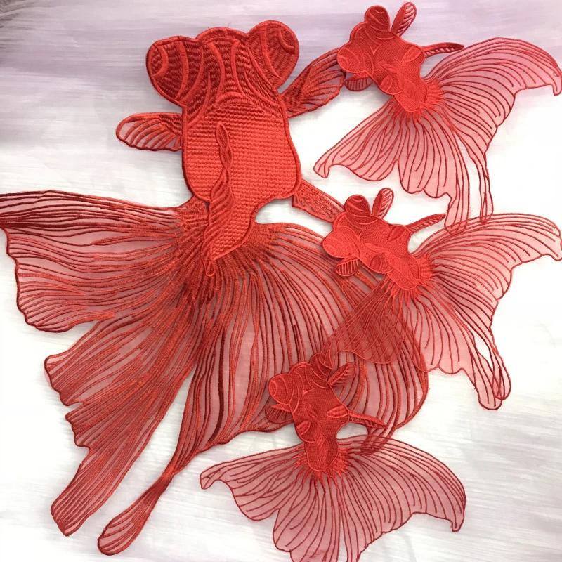 High quality organza embroidery red goldfish patch with super large fish cloth stickers children DIY decoration patches applique