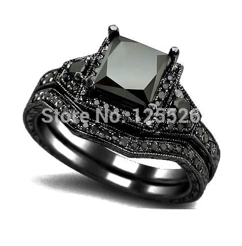 

Choucong Wieck Vintage Jewelry Black AAA CZ Simulated stones 10KT Black Gold Filled 2 Wedding band Ring Set Sz 5-11 Gift