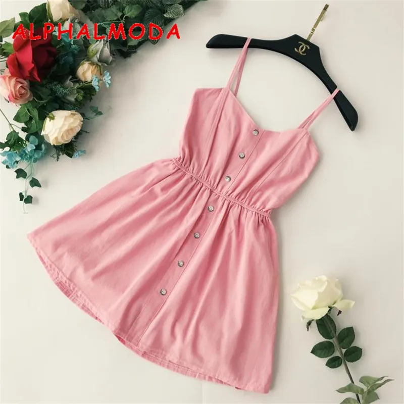 

ALPHALMODA 2018 Chic Sling Playsuits Solid Color Single Breasted High Waist Holidays Casual Short Rompers Stretchy Waist Jumpers