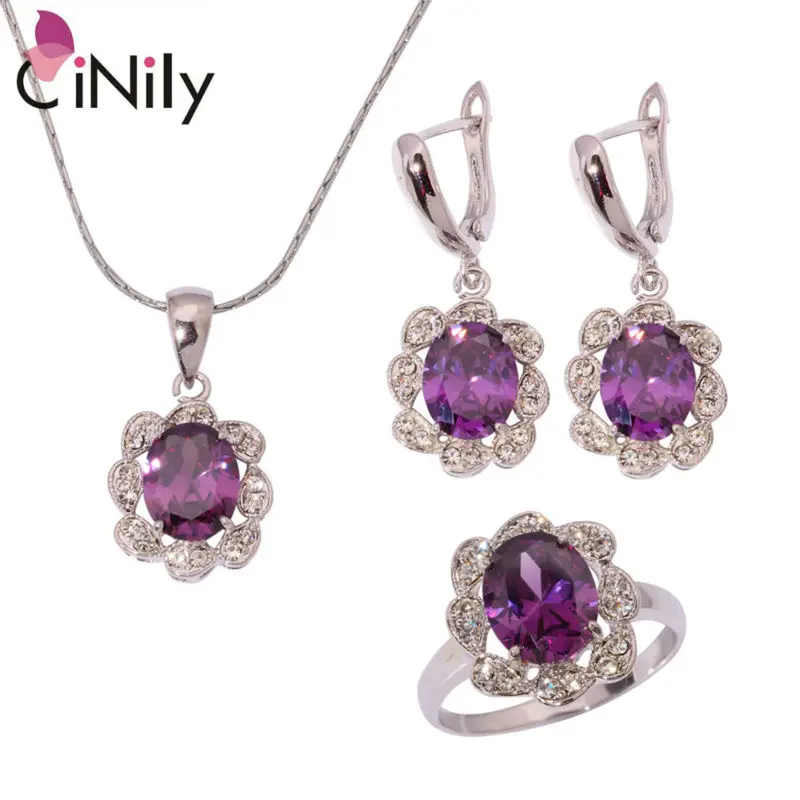 

CiNily Red Purple Cubic Zirconia Silver Plated for Women Jewelry Necklace Pendant Earrings Ring Jewelry Set NT158-59