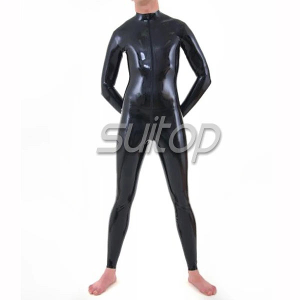 Nature rubber latex classical catsuit for man with front zip in 0.4 mm black