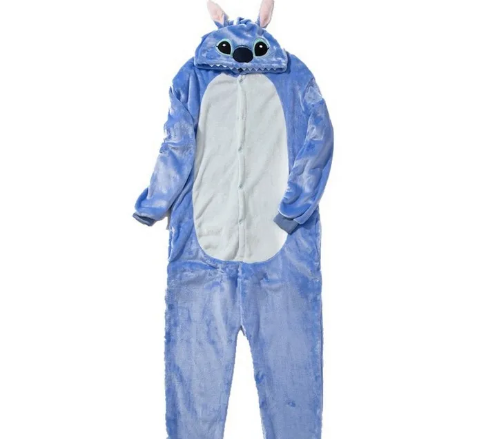 HKSNG unisex 동물 성인 블루 핑크 스티치 onesie kigurumi 잠옷 고품질 플란넬 만화 가족 파티 의상 복장