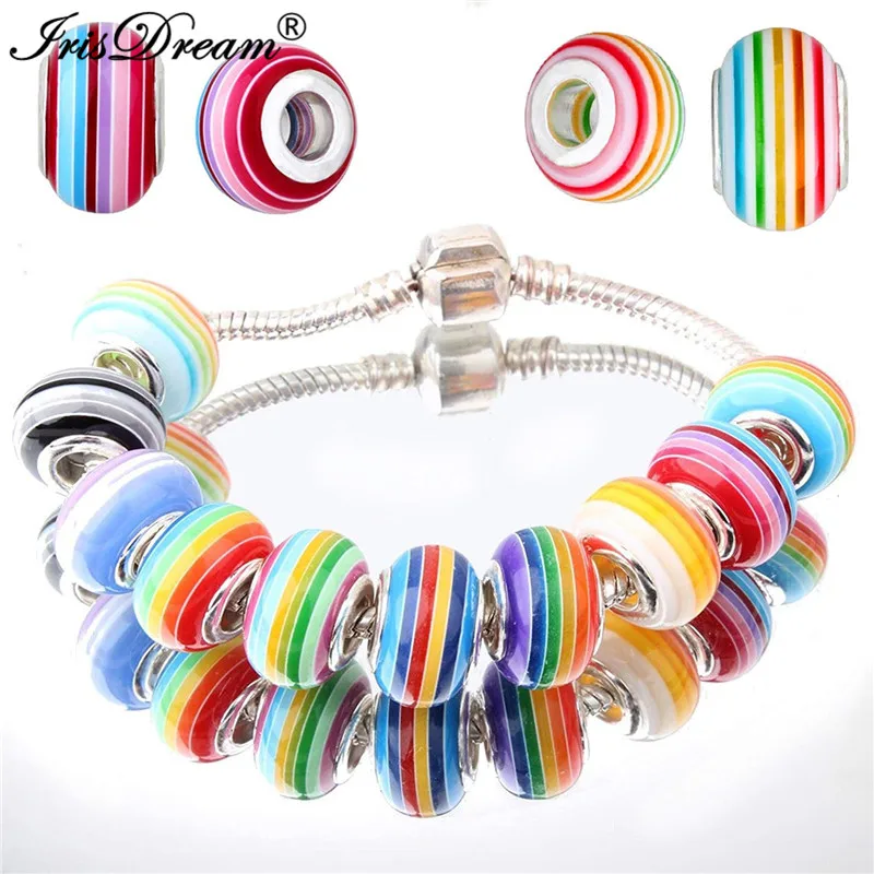 10Pcs Rainbow Color Stripe Murano Spacer Beads Waist Beads for Women DIY Bead Charms Fit Pandora Bracelets for Jewelry Making