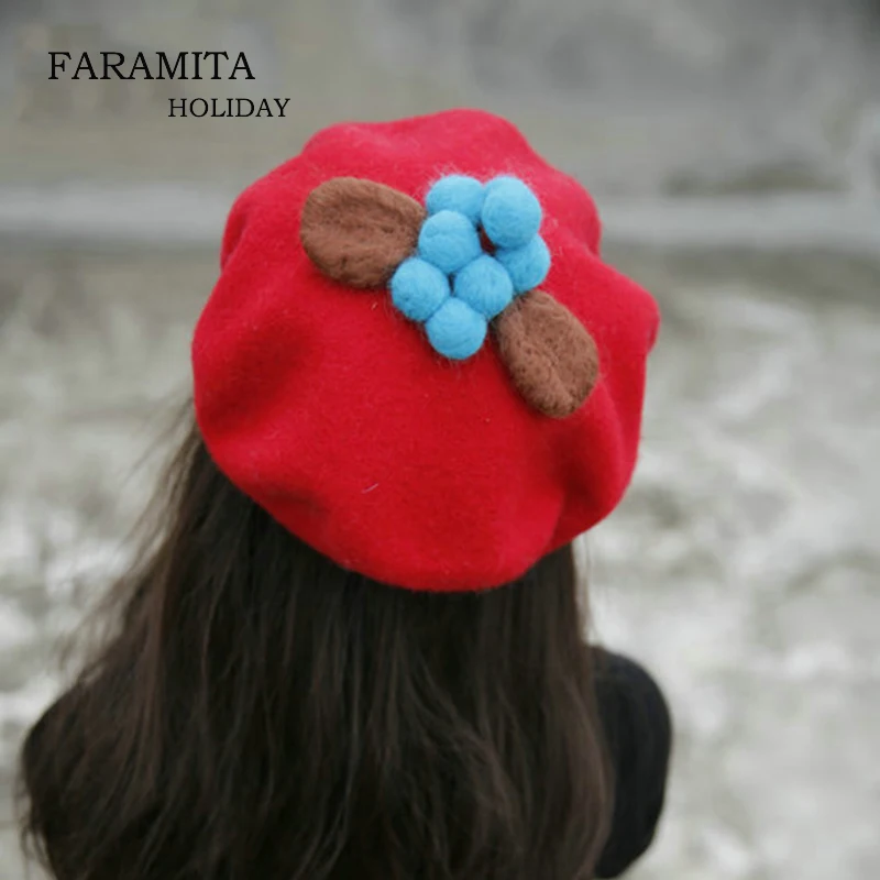 

Faramita Holiday Berries Women Berets Creativity Originality Kids Girls Boys Beret Hand-made Hat Caps Spring Red Manual Berets