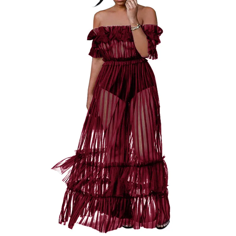 2019 Sheer Mesh Maxi Vestito Delle Donne Off Spalla Vestito Da Estate Volant Night Club Vestito Da Partito Sexy Vedere Attraverso Lunghi Abiti Da