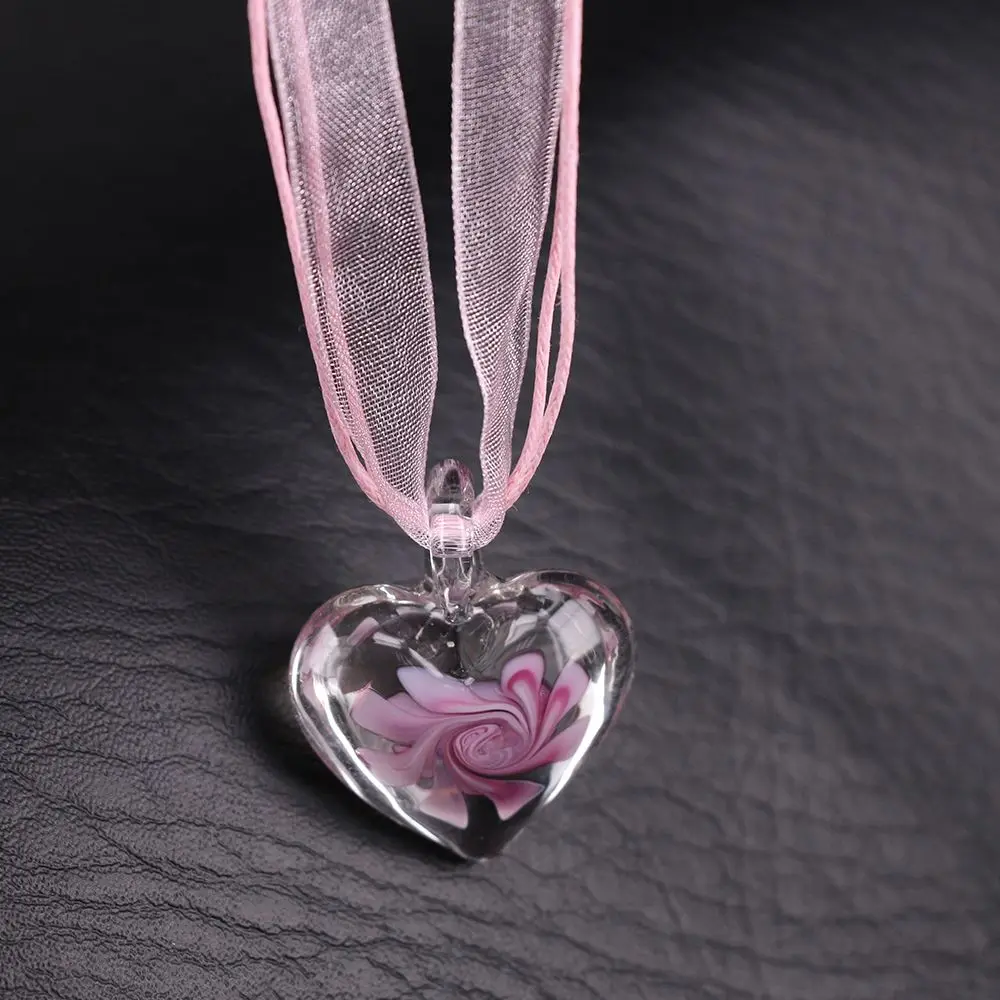 1PC Fashion Murano Glass Heart  Pendant Necklace Handmade Pink Dried Flower New Design Elegant Women Jewelry Gift