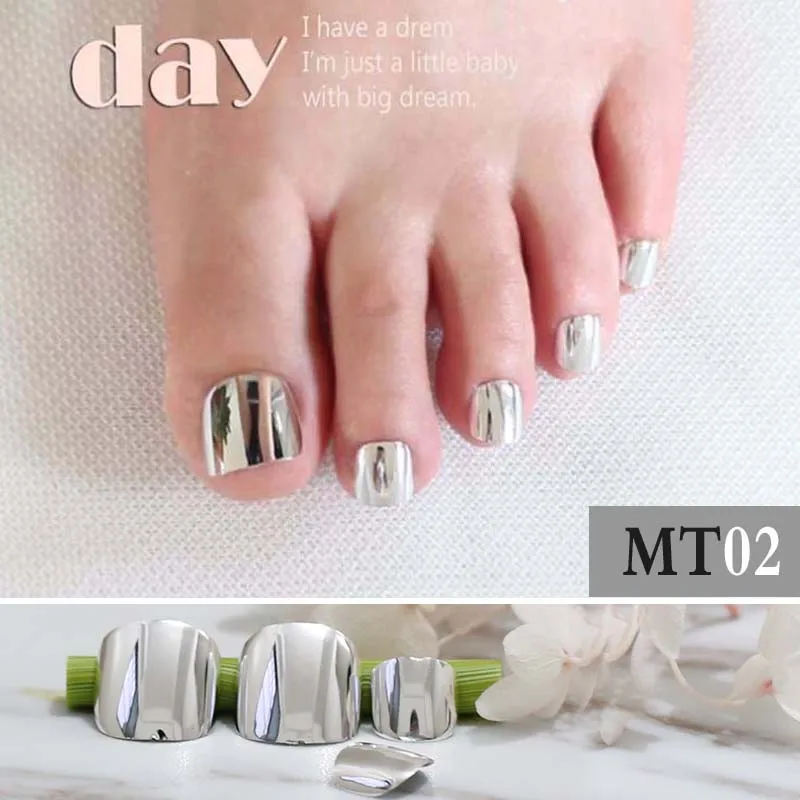 24 pcs New personality metal Fake Toenails Pure Sliver gray Punk wind False Toenails Short Full Artificial False Toes MT02