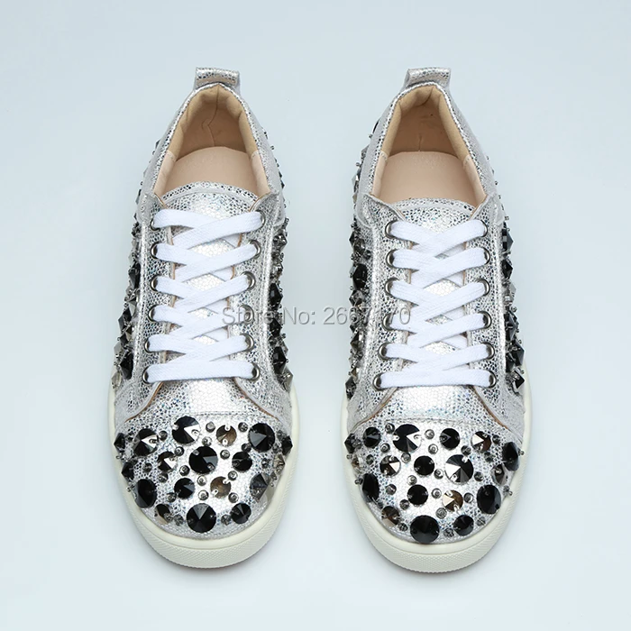 Trendy Luxury Platform Rubber Shoes Man Low Top Thick Flats Studded Shoes Casual Shiny Silver Leather Lace Up Rivet Sneakers Men