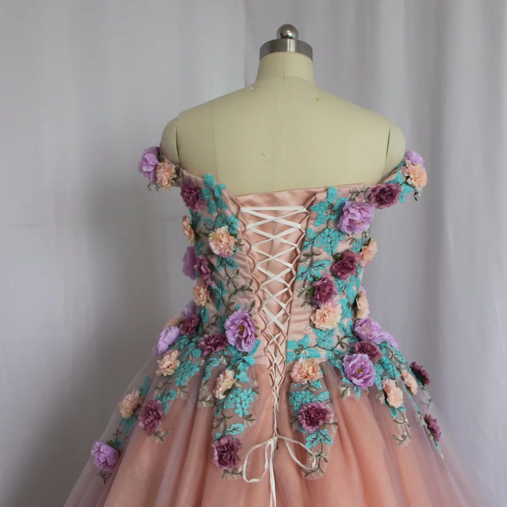 Vestido de baile de princesa de manga corta con apliques de flores en 3D, hombros descubiertos de diseñador, vestido de baile de graduación