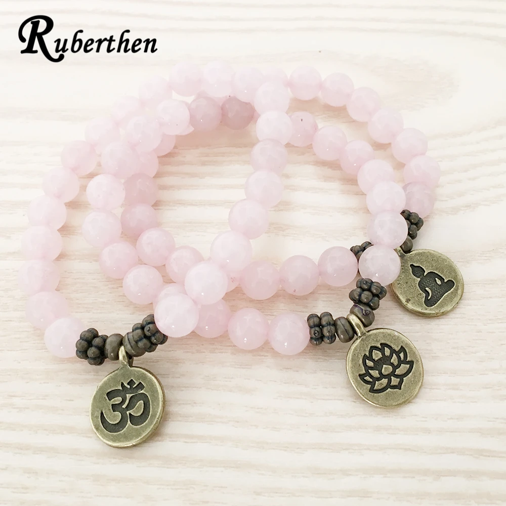 Ruberthen-pulsera de cuarzo rosa Natural auténtica de alta calidad, brazalete con dijes de loto Om de latón antiguo, regalo Yogi