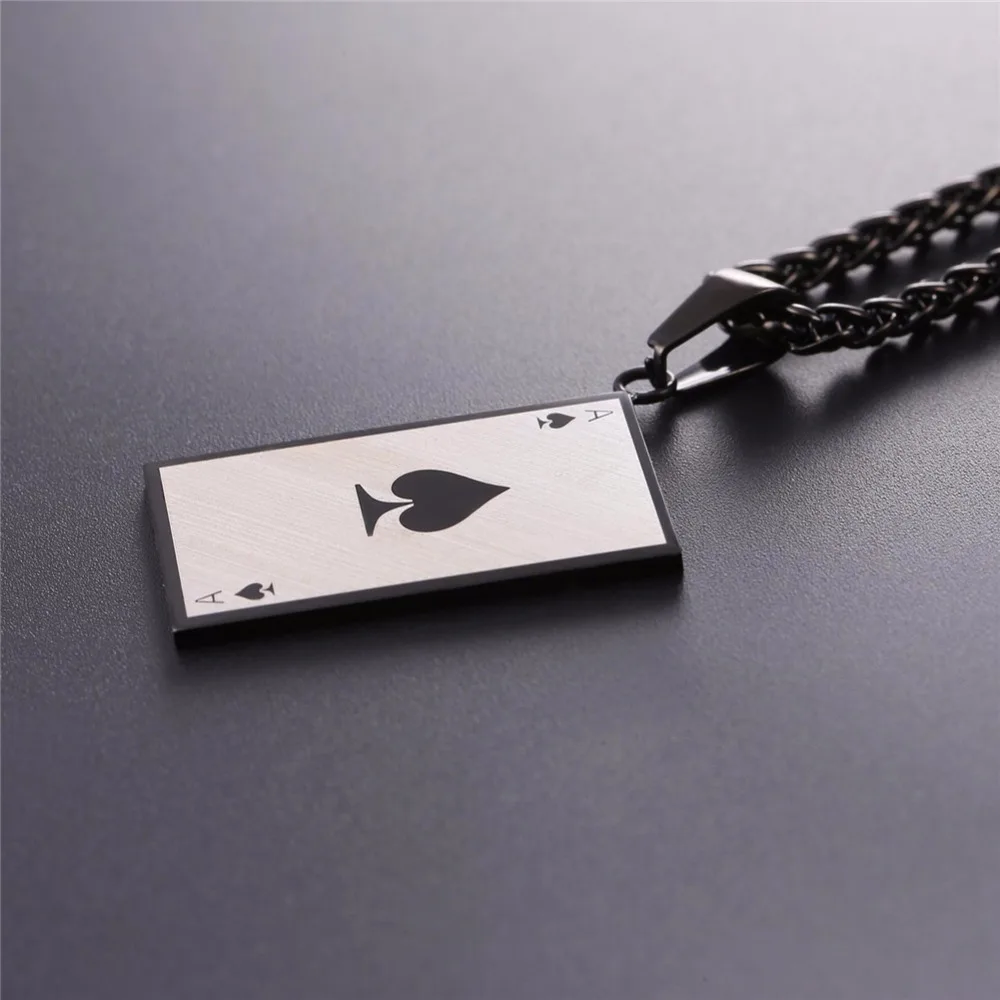 U7 목걸이 매트 포커 스페이드 에이스 스테인레스 스틸 펜던트, 체인 포함, 골드, 블랙 컬러, 크리스마스 선물, 쥬얼리 목걸이 P1137