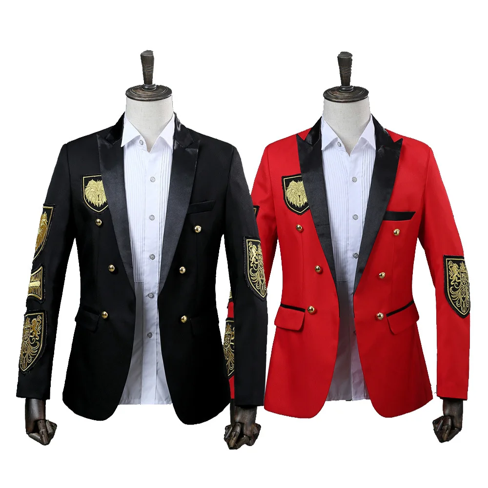 Gold Medal Embroidery Black Suit&Blazer Men Double Breasted Mens Military Blazer Jacket Stage Prom Show Singer Costume Homme Xxl