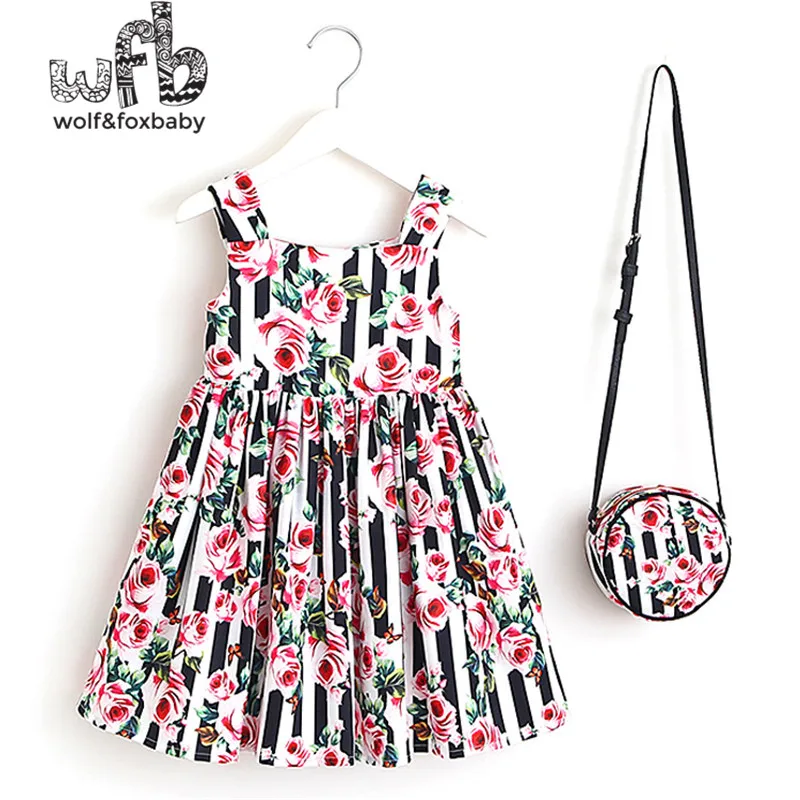 Retail 2-8 years sleeveless girl cotton print dress + bag vest princess children summer flax Country style