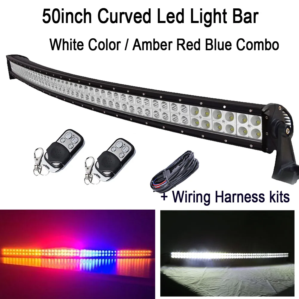 

50" 288W White/ Amber Red Blue Amber StrobeFlash Led Curved Work Light Bar Signal Lamp Decoration + Wiring harness kits + remote