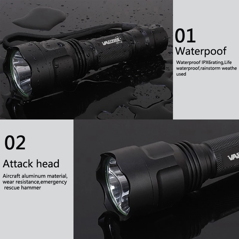 2500LM 500-800M Range LED Tactical Hunting Flashlight Portable Torch Outdoor Waterproof Lantern+18650+USB Charger +Switch