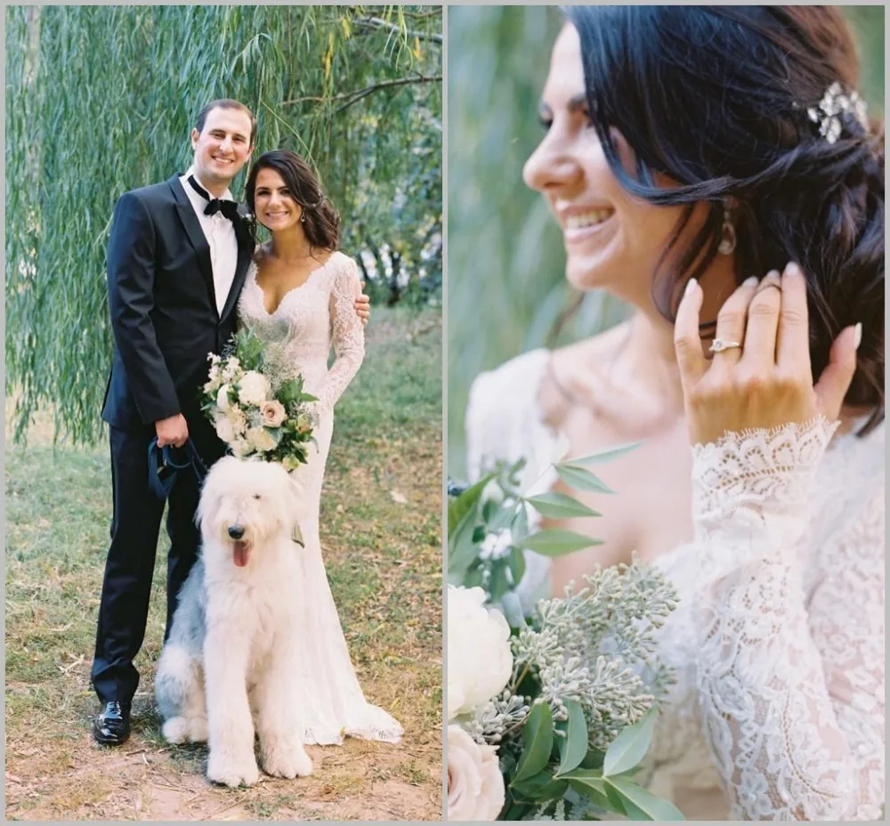 Vestidos de novia bohemios de manga larga con cuello en V, vestidos de novia con apliques de encaje, vestido de novia de sirena de jardín hecho a medida