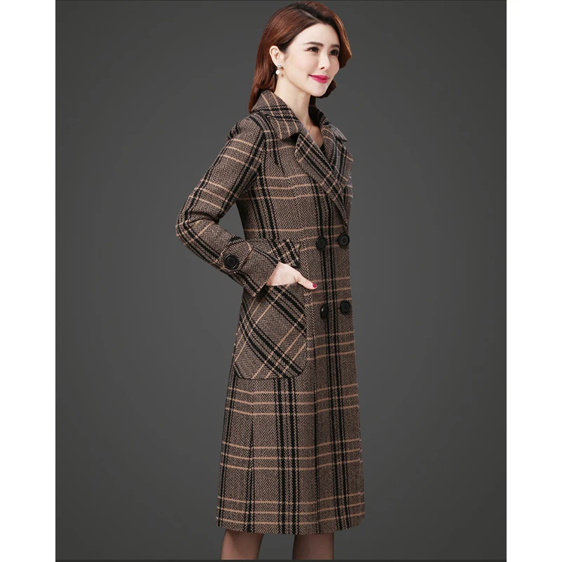 Haute couture Women Plaid woolen coat 2023 Autumn chckered jacket Korean fashion clothing temperament Long wool coats thick