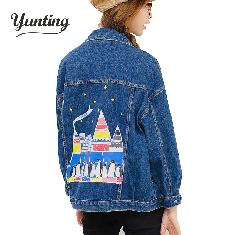 Fashion cartoon penguin print  jeans jackets women oversized Boyfriend style denim jacket punk chaquetas mujer vintage Coat