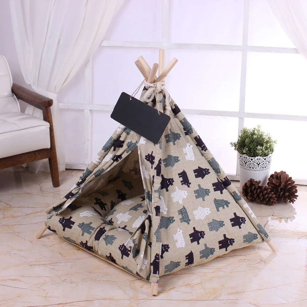 Solid Wood Pole Dog Tent With Cushion Pet Tent Comfortable Cotton Kennel Cute Kennel(Blackboard Not Included)