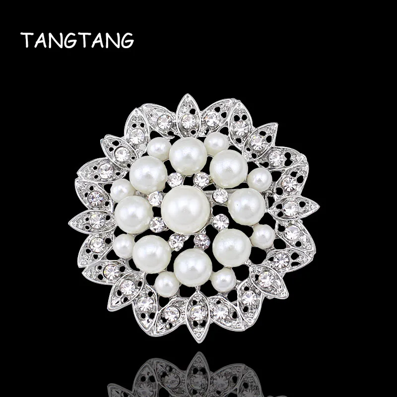 Pearl Brooch Fashion White Imitation Pearl Rhinestone Crystal Flower Bridal Brooch Pins Handmade For Wedding Hot Item NO.: FB019