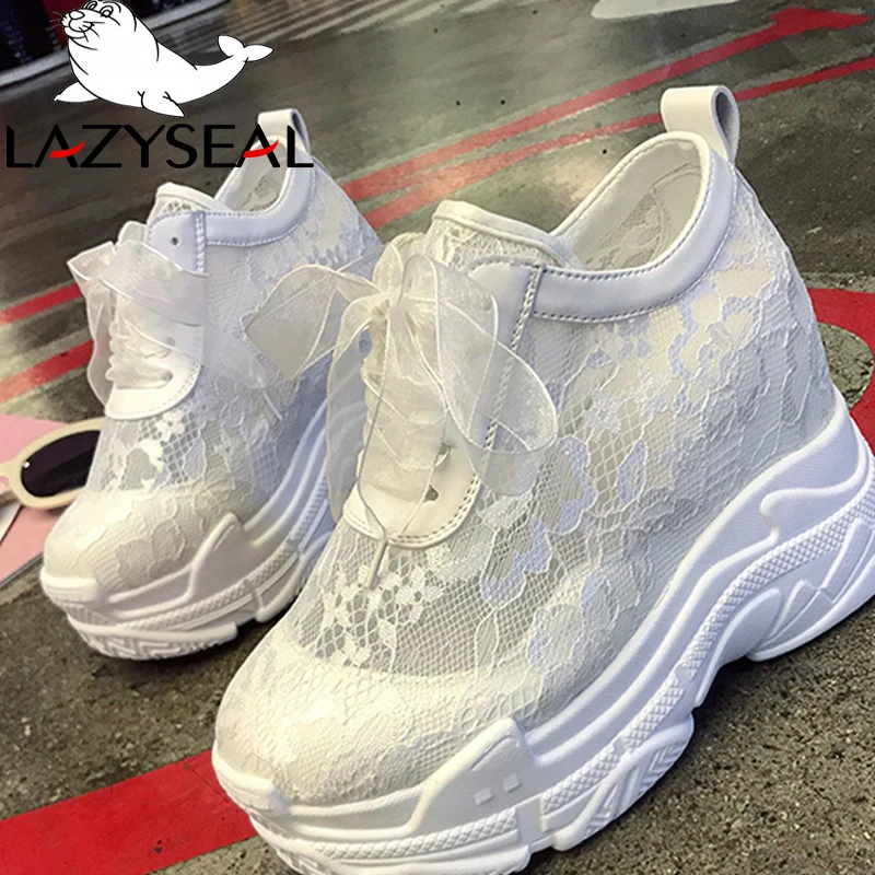 LazySeal Height Increasing Lace Platform Ankle Boots Shoes Women Lace-Up Walking Shoes White Breathable Air Mesh Woman Sneakers