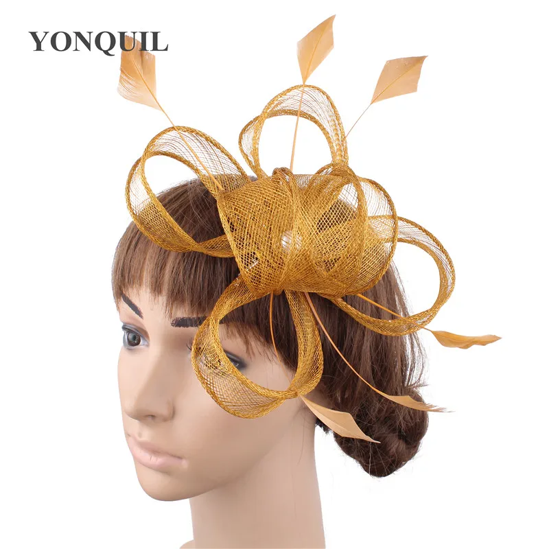 

Gold Wedding Headwear Sinamay Bride Fascinator Hat Hair Pin For Women Elegant Chic Race Hair Accessories Bride Mesh Headdress