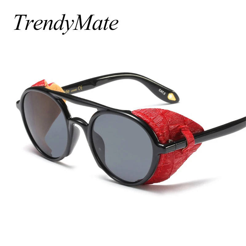 

2019 Retro Gothic Leather Sunglasses for Men Round Side Shield Steampunk Sun Glasses For Women Goggle Newest 5395