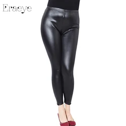 Eraeye mulheres alta elástica fina couro do falso leggings tamanho grande Xl-5XL calças de couro imitação magro brilhante preto mais leggings