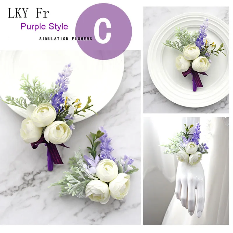 LKY Fr Boutonniere przypinki nadgarstek stanik bransoletka druhna kwiaty fioletowe róże ślub Groom Boutonniere Buttonhole Prom