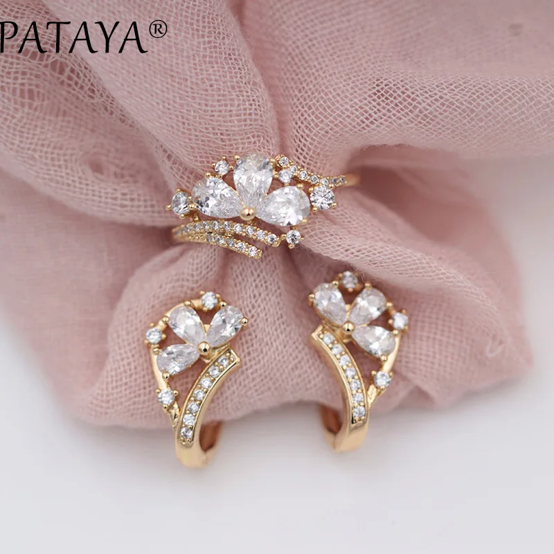 PATAYA New Fashion Women Wedding Jewelry 585 Rose Gold Color Micro-wax Inlay Green Water Drop Natural Zircon Earrings Rings Sets