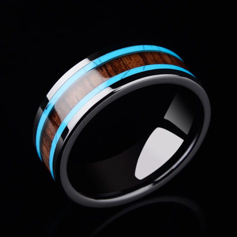 Trendy 8mm Width Black Ceramic Ring for Man High Polished Inlay Natural Koa Wood and Blue Stones Man's Fashion Jewelry