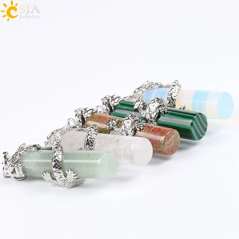 CSJA Reiki Dragon Wrap Drop Natural Stone Pendant Female Male Jewelry Opal Pink Quartz Gem Pendulum Amulet Jewellery E181