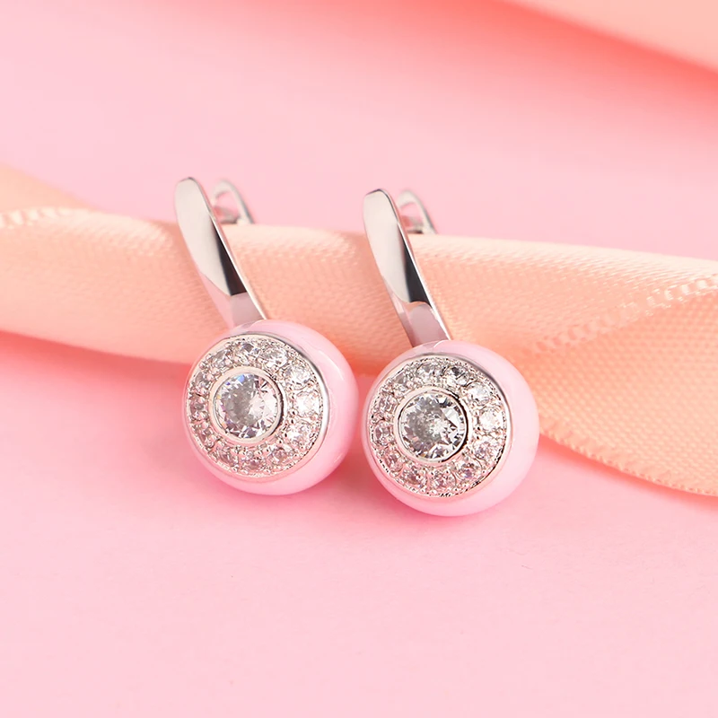 Fashion Simple Round Ceramic Stud Earrings Silver Plated Cubic Zirconia Classic Earrings For Women Party Wedding Jewelry Gift