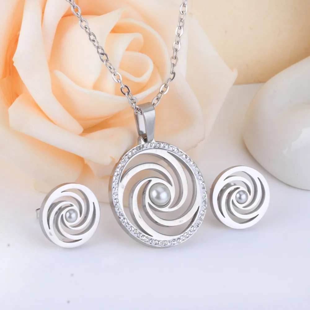 LUXUSTEEL Crystal Necklace Set For Women Stainless Steel Imitation Pearl Round Pendant Necklace Collars Christmas Sets Wholesale image 5