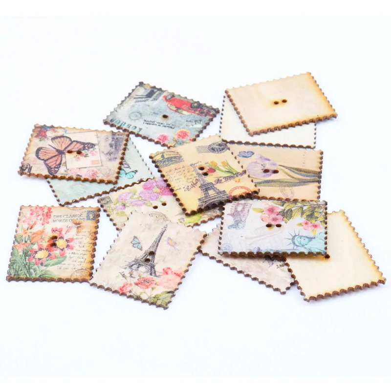 Mix Iron Tower Postage Stamp Pattern Wooden Buttons Handmade Accessories Sewing Scrapbooking Crafts DIY 30x37mm 20pcs