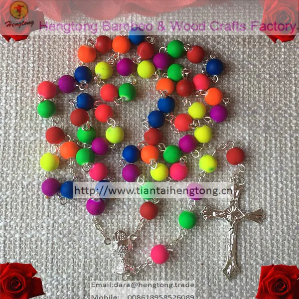 6mm colored fluorescence beads rosary religious rubber bead necklace with stering siliver plating chalice centerpiece