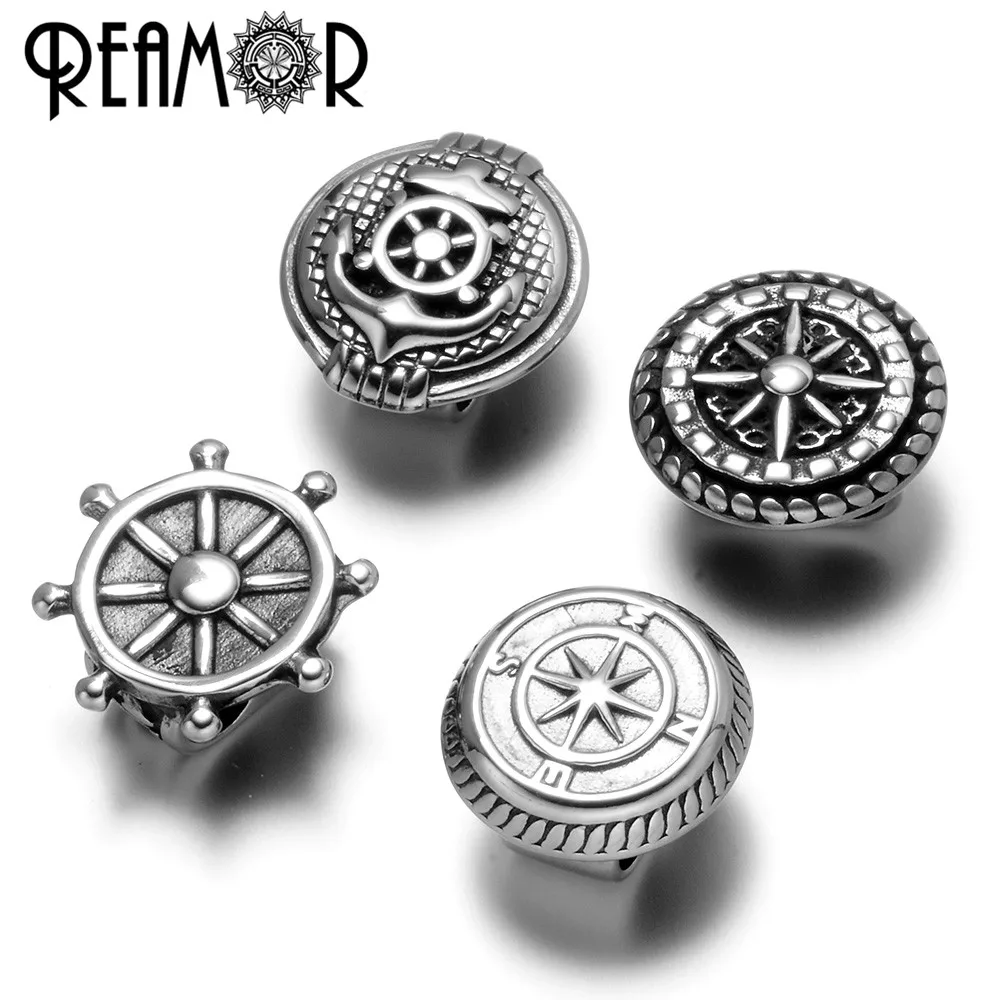 REAMOR Stainless Steel Anchor Rudder Compass 5mm Double Hole Charms Beads For DIY Leather Bracelet Jewelry Making Accessories