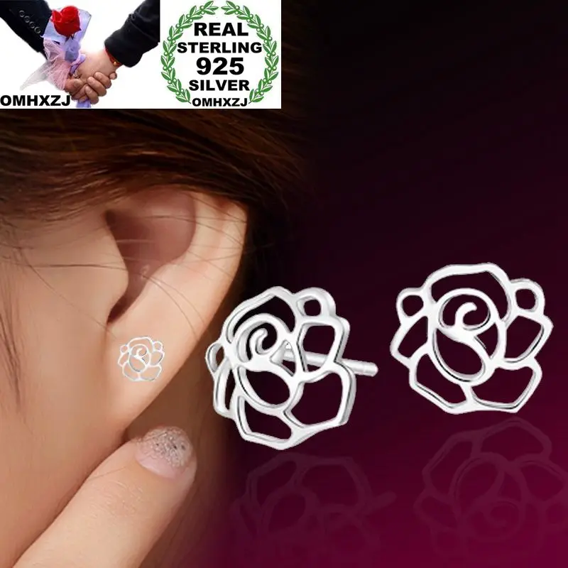 OMHXZJ Wholesale European Fashion Woman Girl Party Wedding Gift White Hollow Rose 925 Sterling Silver Stud Earrings EA62