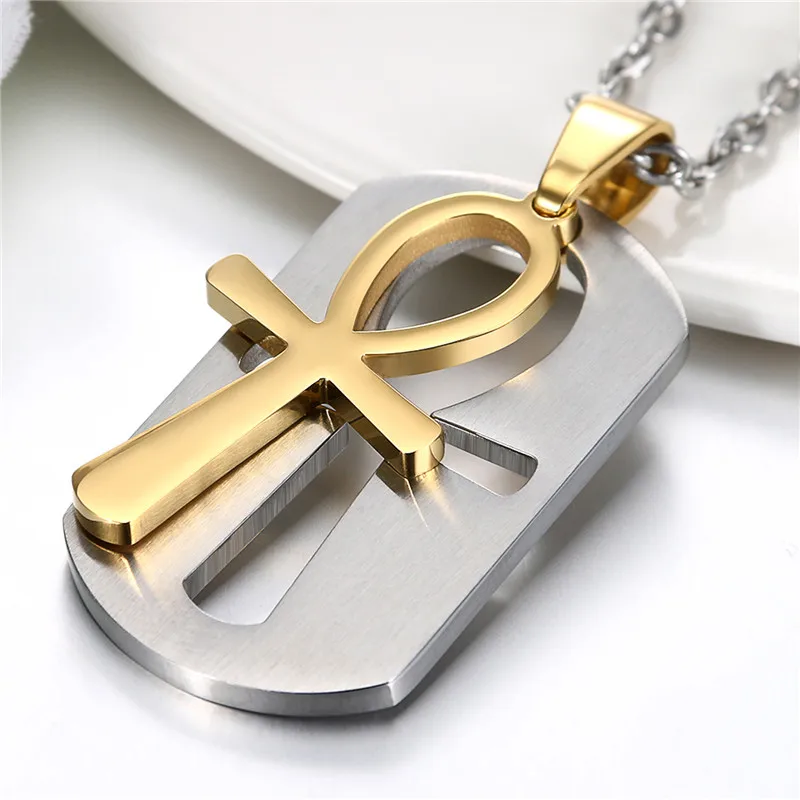 Boniskiss Mens Fashion Ancient Egyptian Ankh Dog Tag Pendant Stainless Steel Symbol of Life Necklaces  Amulet Jewelry Wholesale