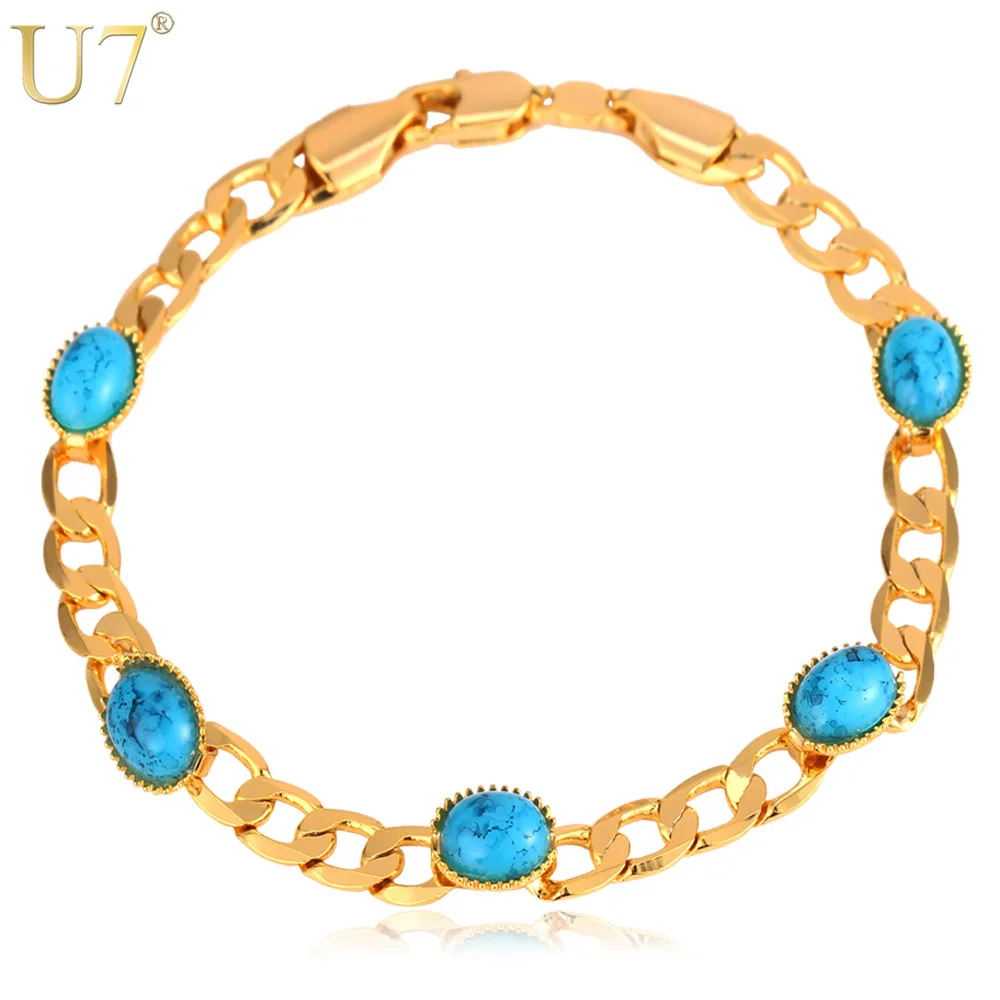 U7 Minimalist Chain Love Bracelet Statement Gold Color Oval Turquoise Stone Fashion Bracelet For Women Wedding Jewelry Gifts