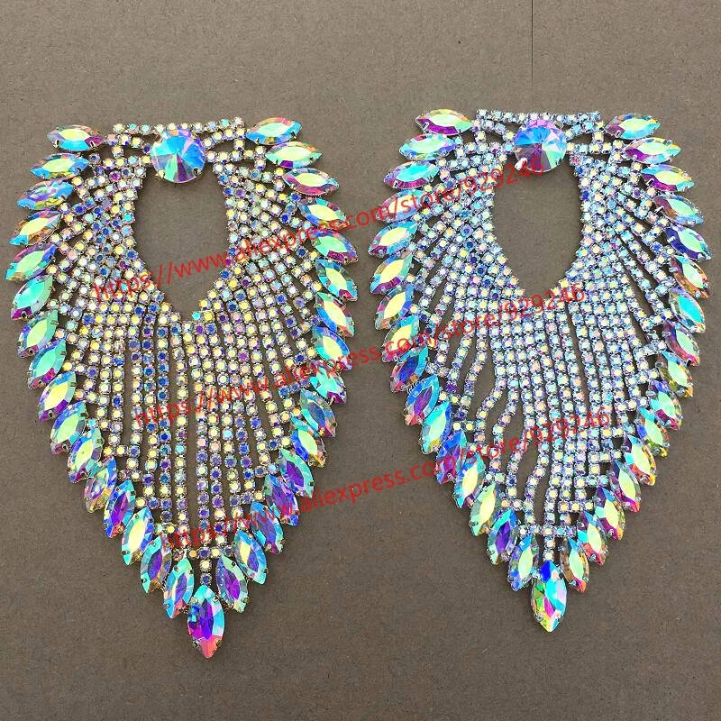 high-quality AB glass crystal heart applique for bags ornaments V shape gold rhinestone neckline for garments dress accessory