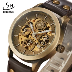 SHENHUA Mechanical Watch Men Skeleton Automatic Self-Wind Watches Antique Bronze Retro Leather Wristwatch Male Relogio Masculino