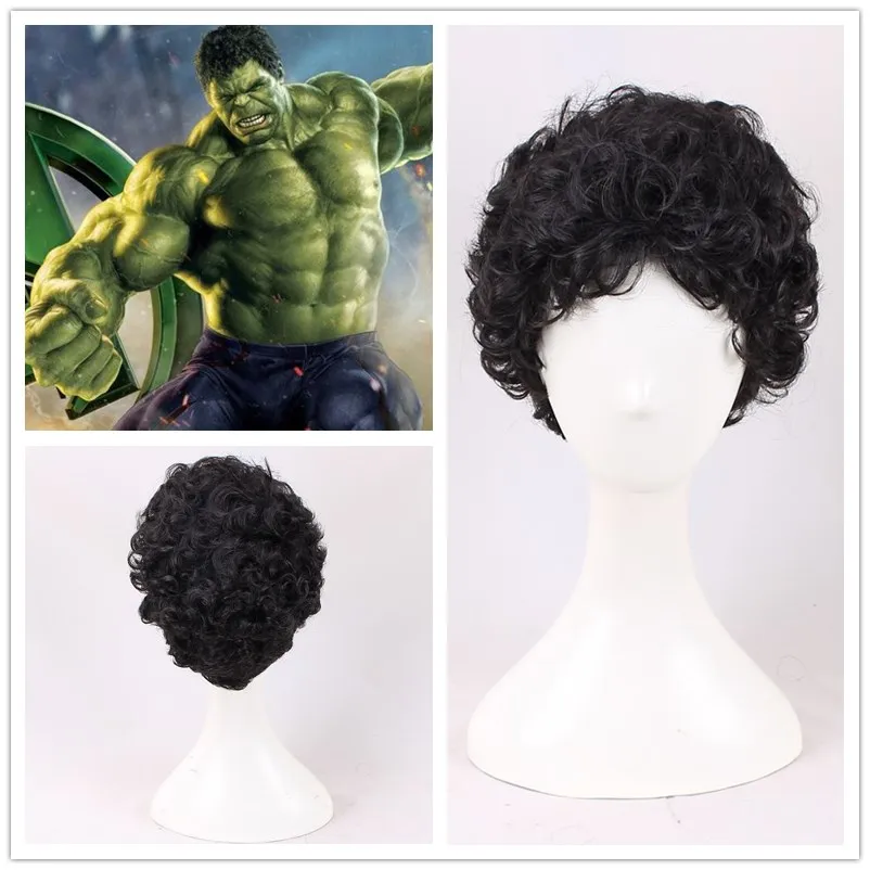 Superhero The Incredible Hulk Cosplay Wig Plant Hulk Robert Bruce Banner Curly Black Synthetic Hair for Adult + Wig Cap