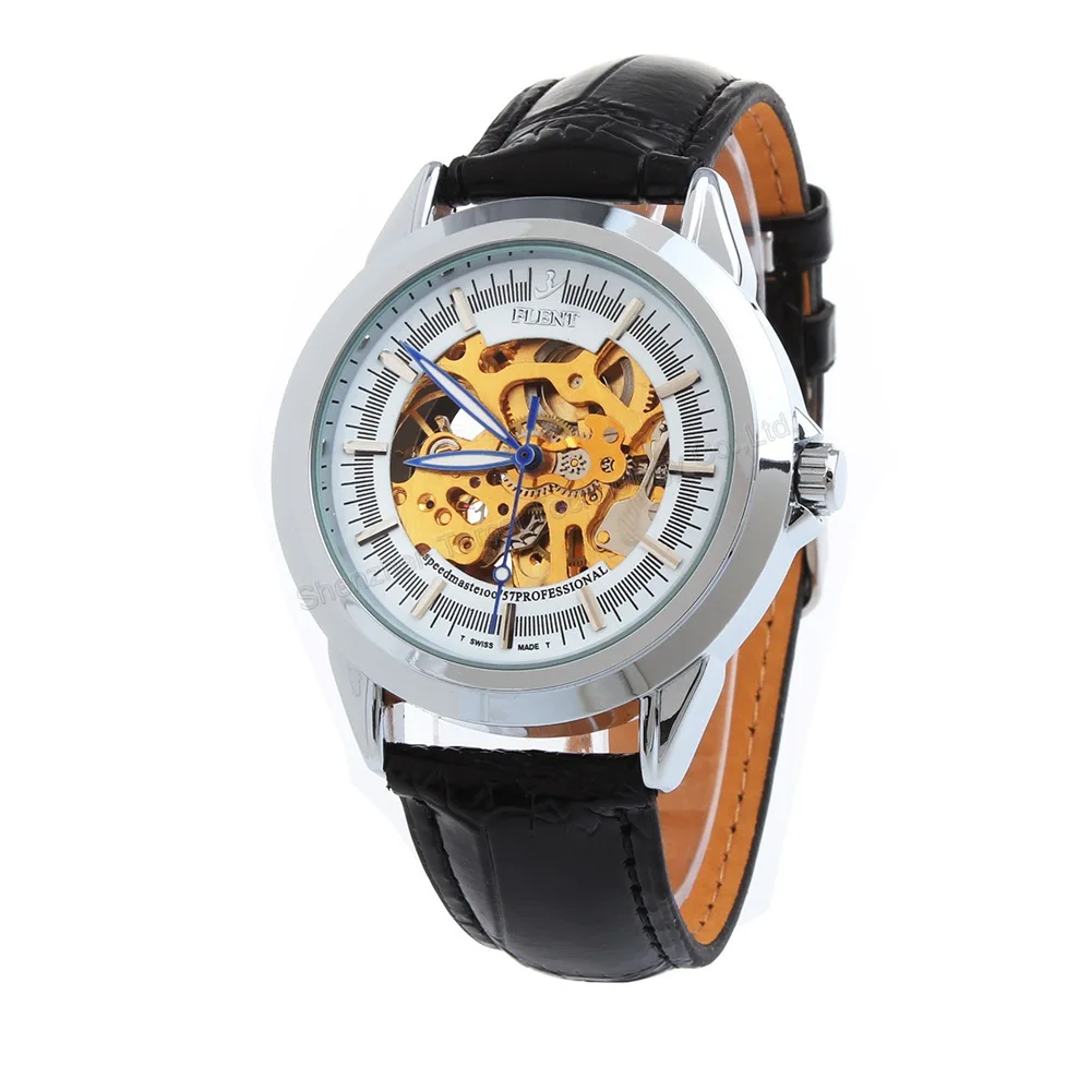 Otomatis Self-winding Skeleton Jam Tangan Tali Kulit Berongga Engraving Analog Wrist watch untuk Pria