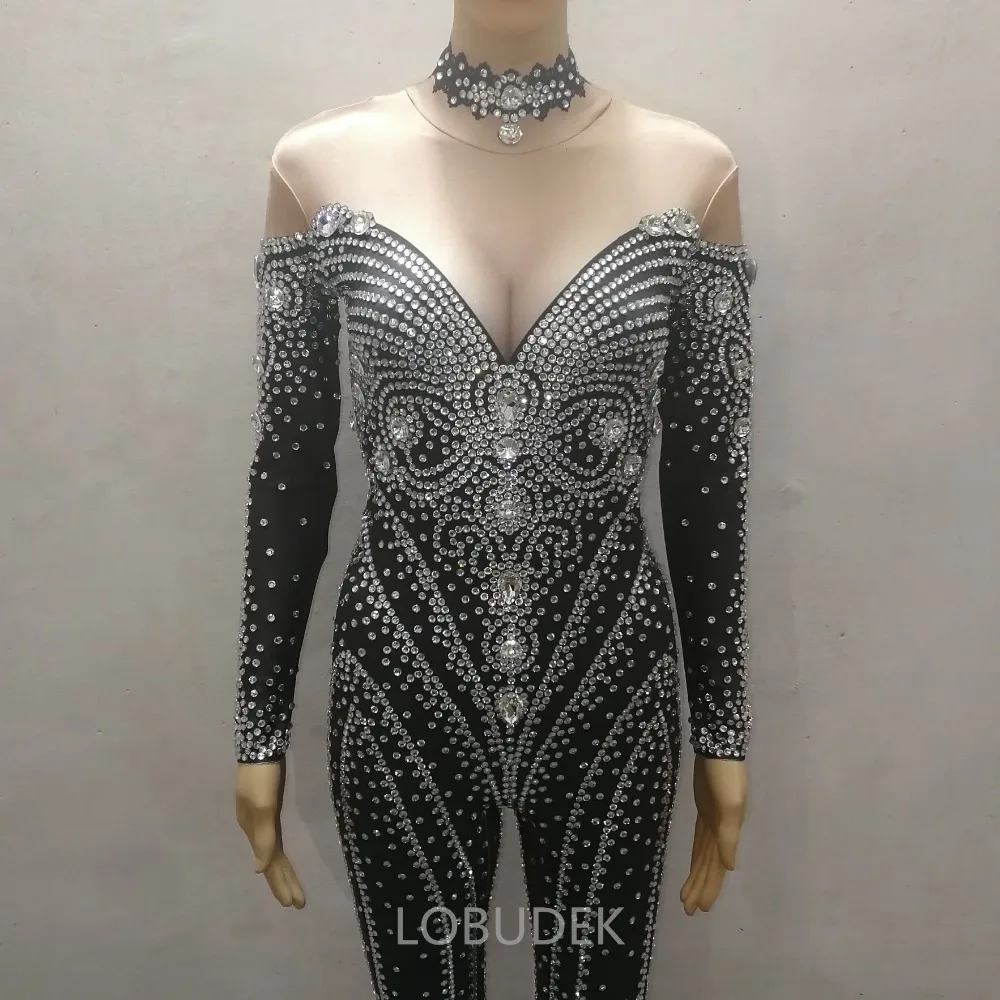 Black Rhinestones Women Jumpsuit Luxury Birthday Party Evening Celebrate Stage Costume Bar Singer Concert Performance Clothes