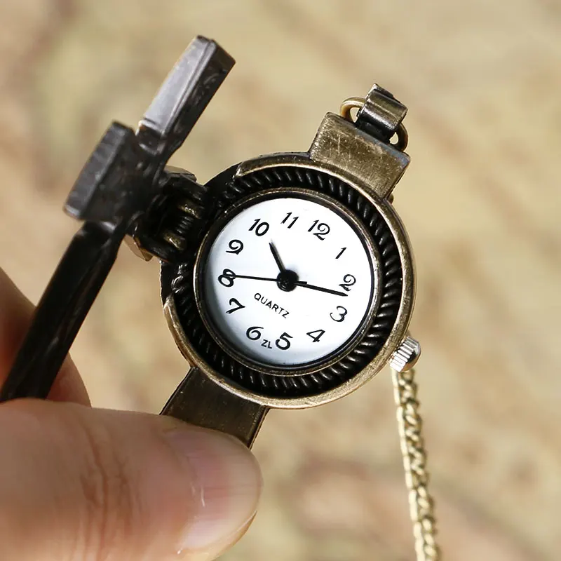 Cool Cross Design Vintage Bronze Quartz Fob Pendant Pocket Watch With Necklace Chain Best Gift