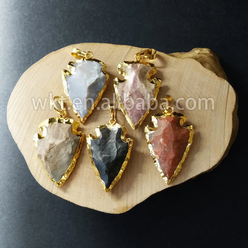 

WT-P724 WKT Raw arrowhead stone pendant multicolor indian stone pendant arrowhead shape pendant in 24k gold trim for women