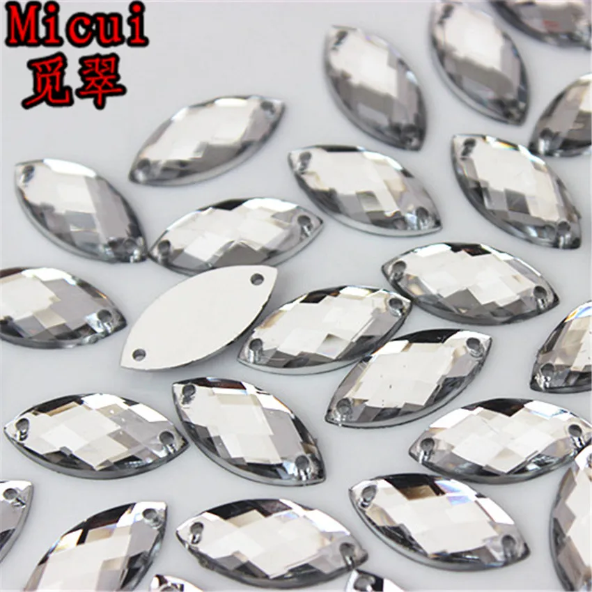 Micui 100PCS 6*12mm Sewing Crystal AB Flatback Acrylic Rhinestones Sew On Crystals Stones Horse Eye For DIY Clothes Crafts MC768