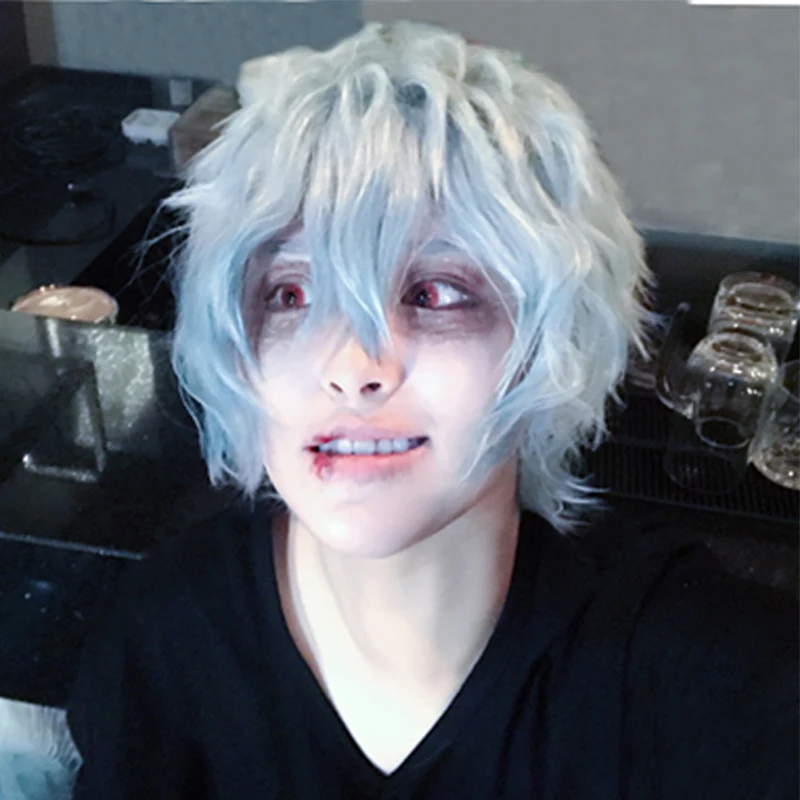 Anime Hiro Akademia Shigaraki Tomura Wigs Short Gray Blue Mixed Curly Cosplay Wig + Wig Cap